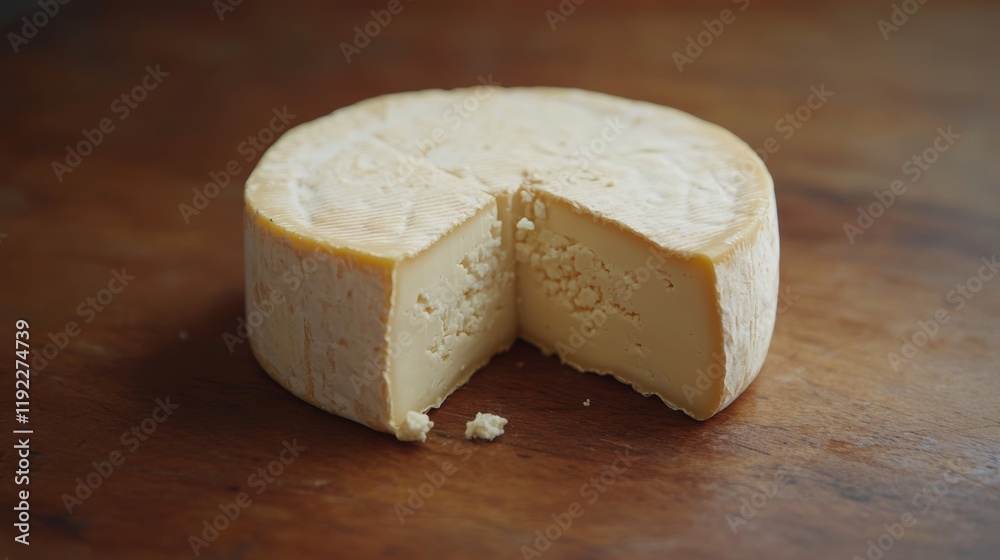 round block of cheddar cheese with wedge cut out exposing crumbly texture placed on wooden surface  - ai