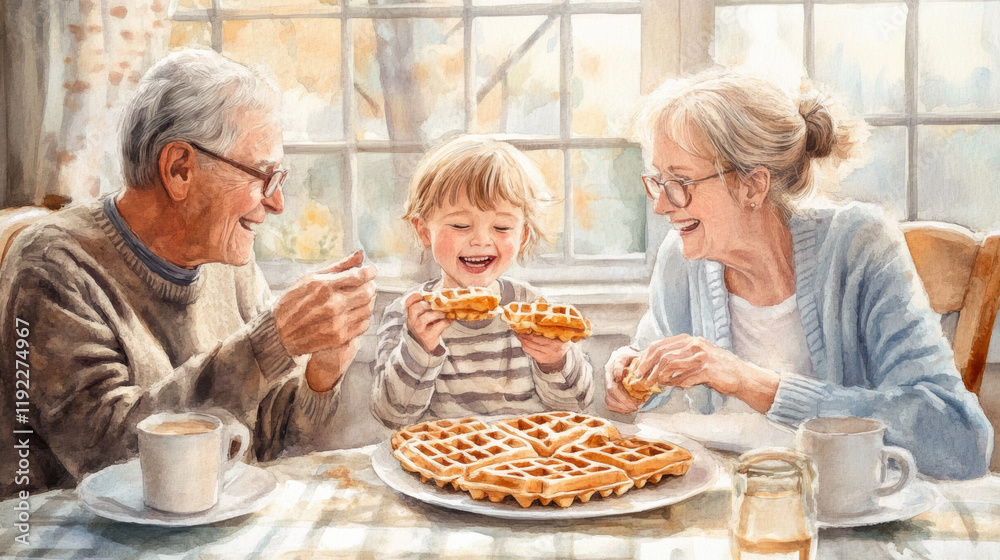 Grandparents and grandchild enjoying waffles together, sharing laughter and joy in cozy kitchen setting. warm family moment filled with love and delicious food Grandparents and grandchild enjoying waffles together, sharing laughter and joy in cozy kitchen setting. warm family moment filled with love and delicious food