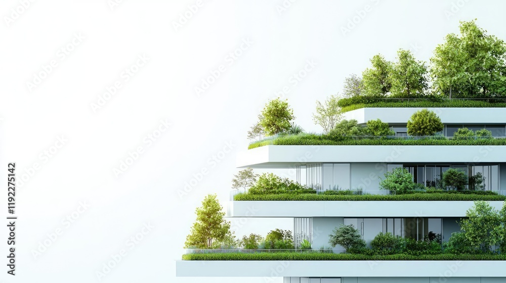 Obraz premium Architect sketching idea. Modern architectural design featuring green terraces and sustainable plant growth.