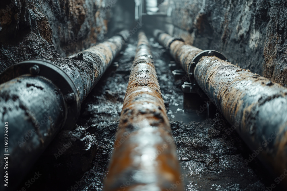 Close-up view of rusty pipes in a dimly lit underground setting. Close-up view of rusty pipes in a dimly lit underground setting.