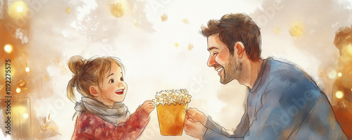 father and daughter share joyful moment as they enjoy popcorn together, creating warm and loving atmosphere filled with laughter and happiness