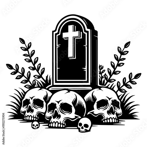 Horror Headstone Silhouette illustration vector, Scary Grave clipart design
