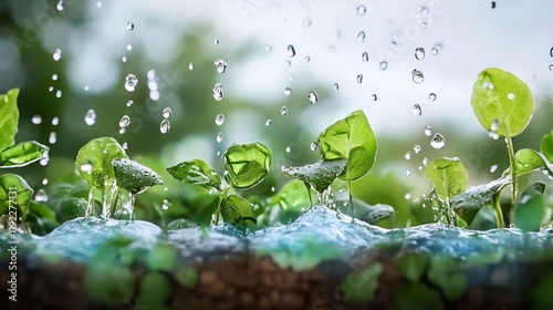 Symbolic representation of water cycle with plants transpiring moisture into the atmosphere as part of their ecological functions photo