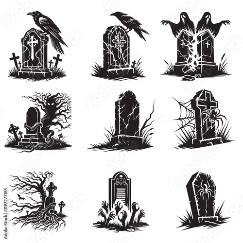 Collection of Horror Headstone Silhouette illustration vector, Scary Grave clipart design
