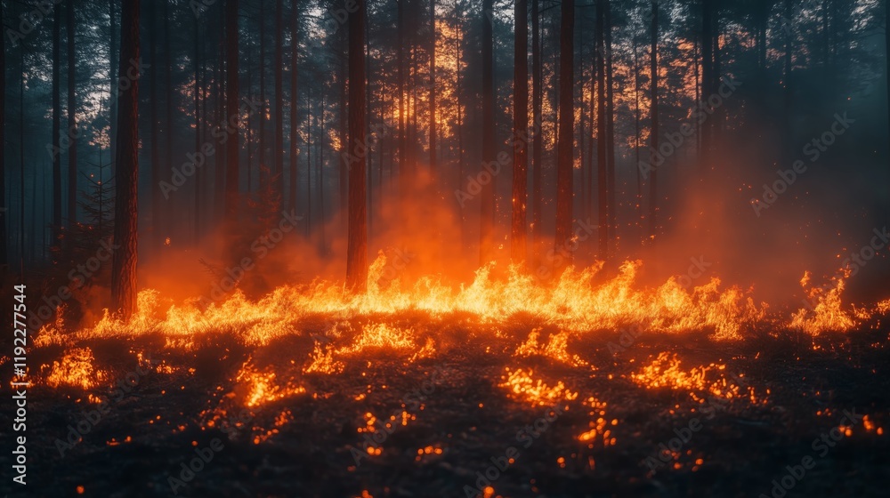 Forest fire burning at sunset creating dense smoke, a dramatic scene of environmental damage Forest fire burning at sunset creating dense smoke, a dramatic scene of environmental damage