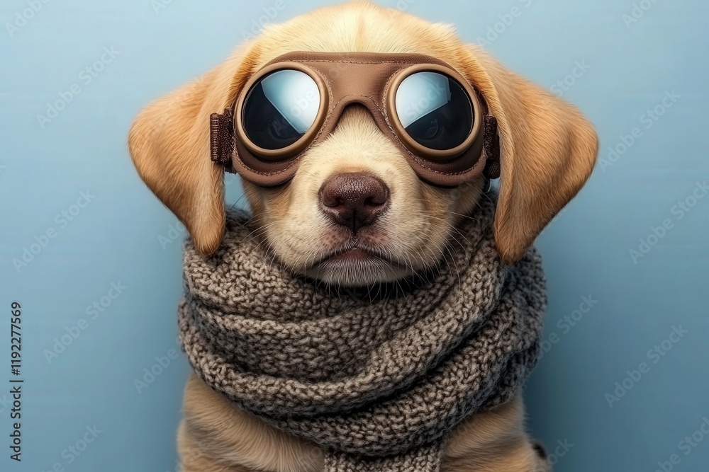 Adorable golden retriever puppy wearing aviator goggles and a cozy scarf against a light blue background. Perfect for pet-related products, blogs, or websites. Adorable golden retriever puppy wearing aviator goggles and a cozy scarf against a light blue background. Perfect for pet-related products, blogs, or websites.