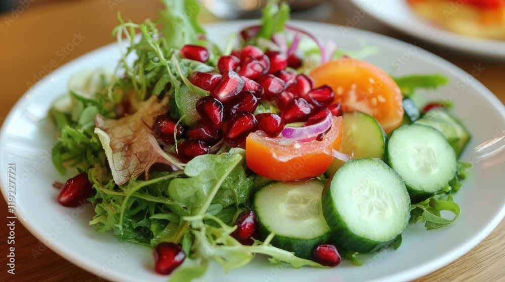 A vibrant salad with crisp greens, cucumber ribbons, and pomegranate seeds, perfect for healthy lifestyle branding A vibrant salad with crisp greens, cucumber ribbons, and pomegranate seeds, perfect for healthy lifestyle branding