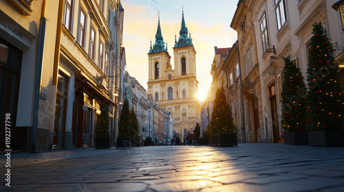 cobblestone street in historic European city with festive Christmas decorations, flanked by old buildings, leads to grand church with twin spires glowing in warm sunset light