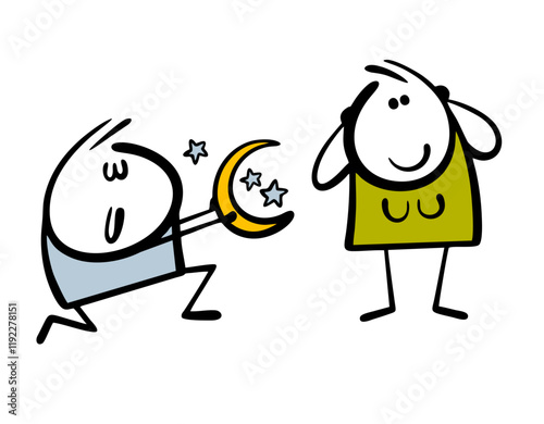 Romantic stickman got down on one knee and asks for the hand of a beautiful girl. Vector illustration of a man taking out the moon from the sky as a gift. Funny characters on white background.v
