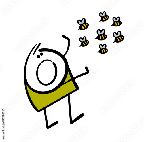 Swarm of wild bees attacks the unfortunate stickman. Vector illustration of a terrified man escaping from stinging insects. Honey thief at the apiary. Funny character on white background.