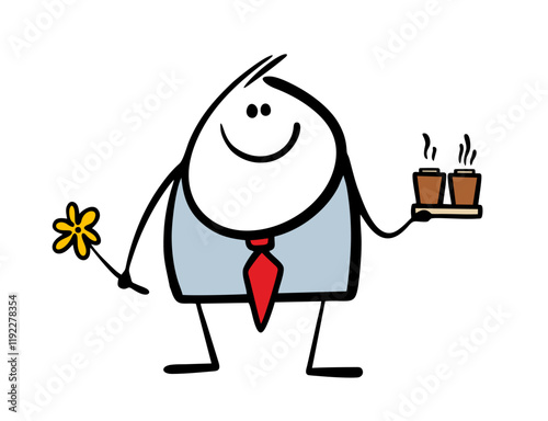 Kind man in a business suit came on a date, brought two hot drinks in paper cups. Vector illustration of doodle  businessman with a flower and coffee. Funny character on white background.