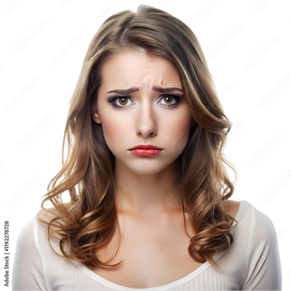 Charming pretty gorgeous lady cute face sad pose isolated on transparent background Charming pretty gorgeous lady cute face sad pose isolated on transparent background