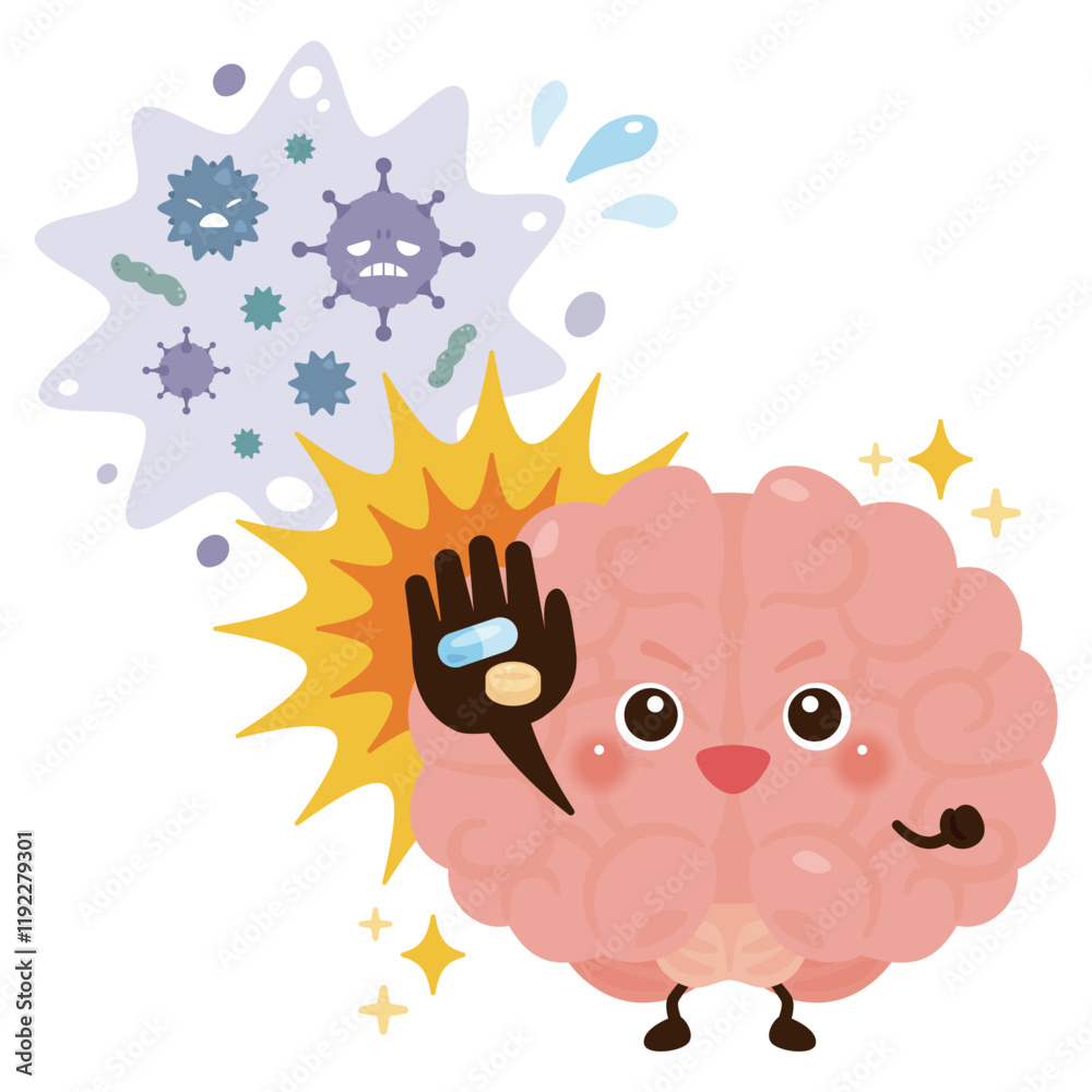 Fototapeta premium ウイルスを薬剤で治療して元気になる脳のキャラクターイラスト