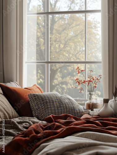Cozy autumn bedroom scene with warm-toned bedding and natural light streaming through a window.