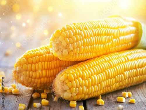 fresh ripe corn cobs in field sunlight harvest agriculture bokeh background  - ai