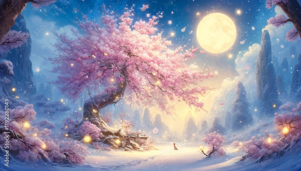 A serene fantasy landscape blending snow and sakura under golden moonlight in a tranquil horizontal format. A serene fantasy landscape blending snow and sakura under golden moonlight in a tranquil horizontal format.
