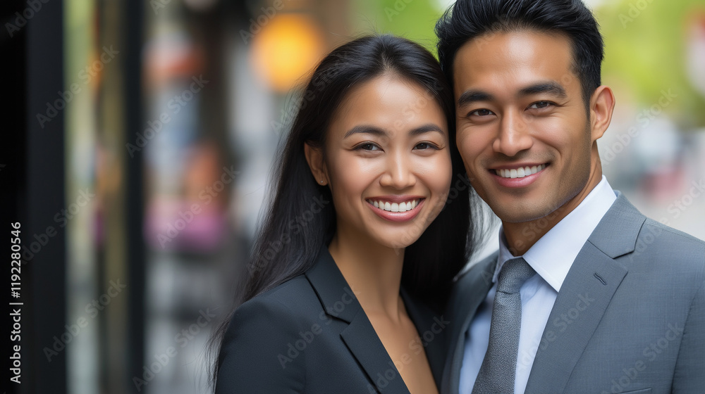 Asian couple in business attire. Represents professional success and partnership Asian couple in business attire. Represents professional success and partnership
