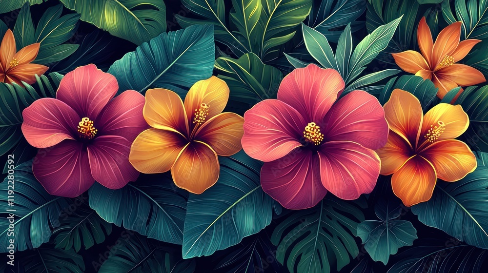 Obraz premium Vibrant tropical flowers with lush green leaves.