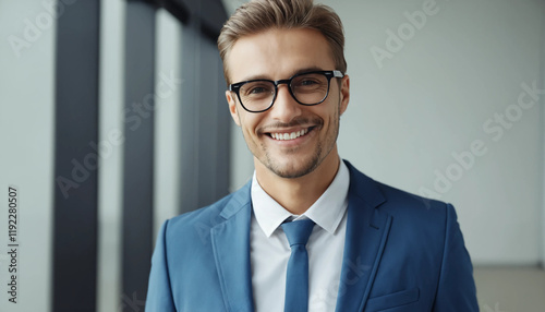 Portrait of a confident and smiling young professional man in a blue suit, ideal for corporate, business, leadership, and success concepts. photo