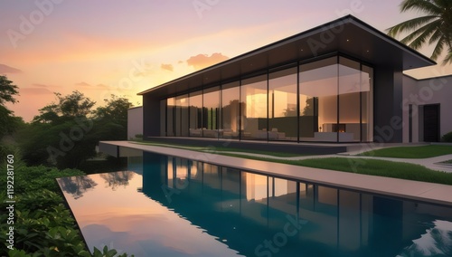 Modern luxury house with large glass windows, flat roof, and long rectangular pool at sunset, surrounded by palm trees and greenery, reflecting upscale lifestyle.