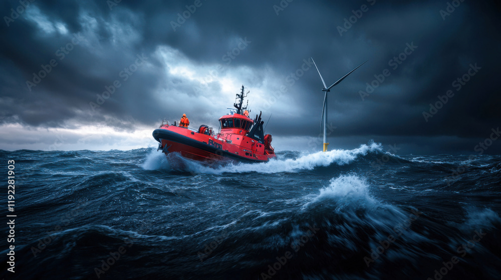 Naklejka premium rescue vessel navigates turbulent waters near wind turbine, showcasing bravery