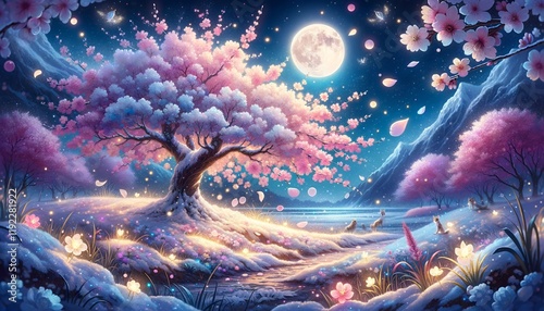 Enchanted Sakura and Snow: A Moonlit Fantasy of Blossoms and Night photo