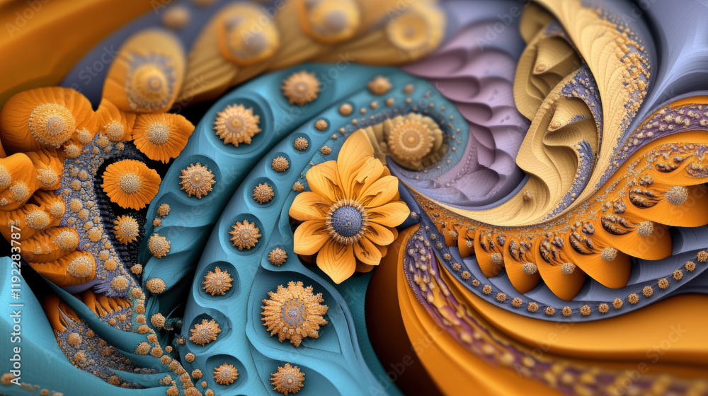 Fototapeta premium vibrant fractal design featuring intricate floral patterns in orange, blue, and yellow tones, creating mesmerizing and dynamic abstract composition