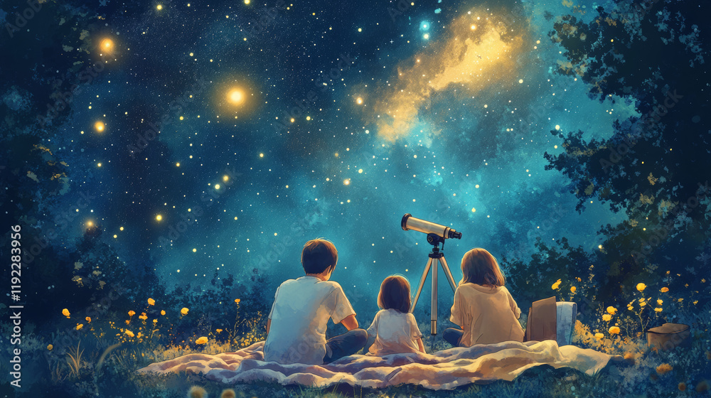 Stargazing family enjoying night under stars with telescope, surrounded by nature and flowers, creating magical and serene atmosphere