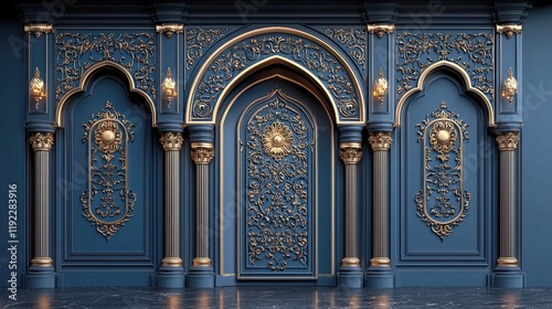 Opulent Blue and Gold Palace Interior: Architectural Design, Vintage Decor, and Royal Elegance