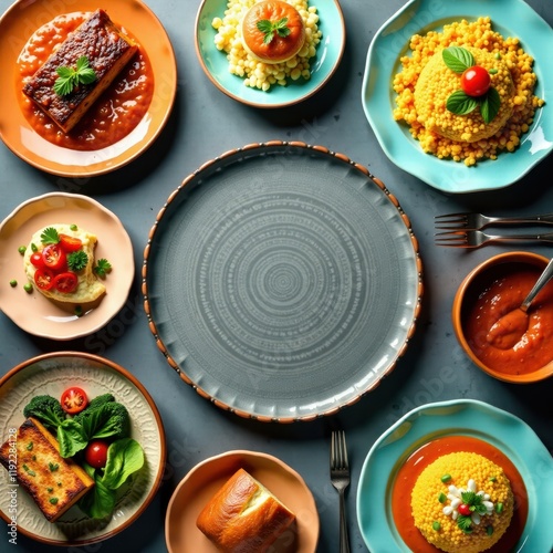 Wallpaper Mural Vibrant feast setup with various international dishes and utensils , table setting, food, international cuisine Torontodigital.ca