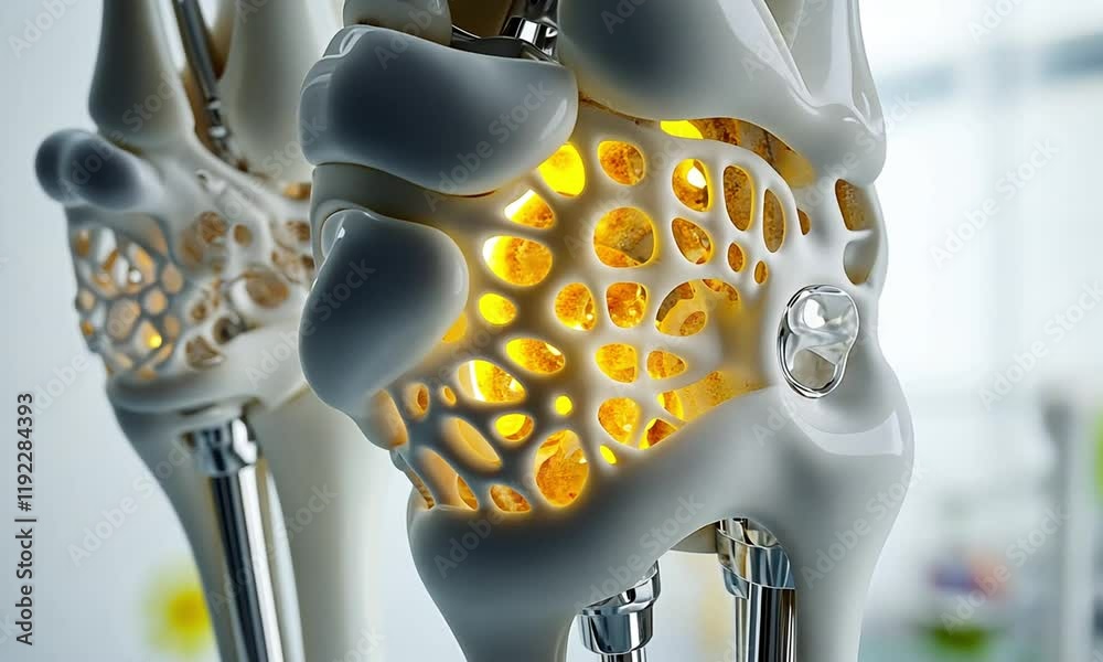 Detailed close-up of a human joint model showcasing intricate bone structure and glowing elements, set in a clinical environment