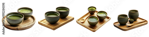 Matcha tea served on a wooden tray isolated on white background. Mix Collection Png.