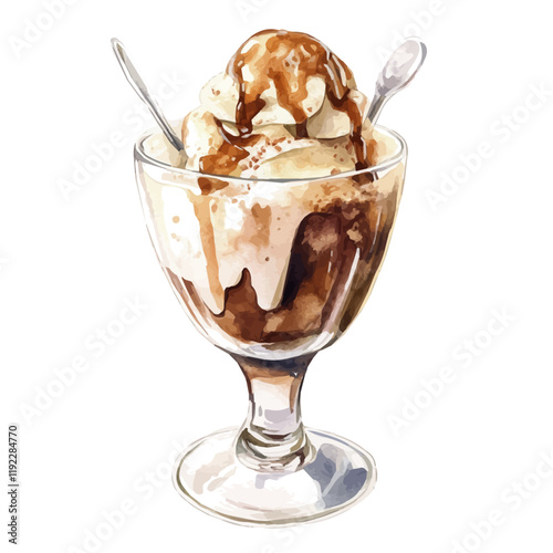 A watercolor drawing of an affogato, isolated on a white background. Affogato vector.
