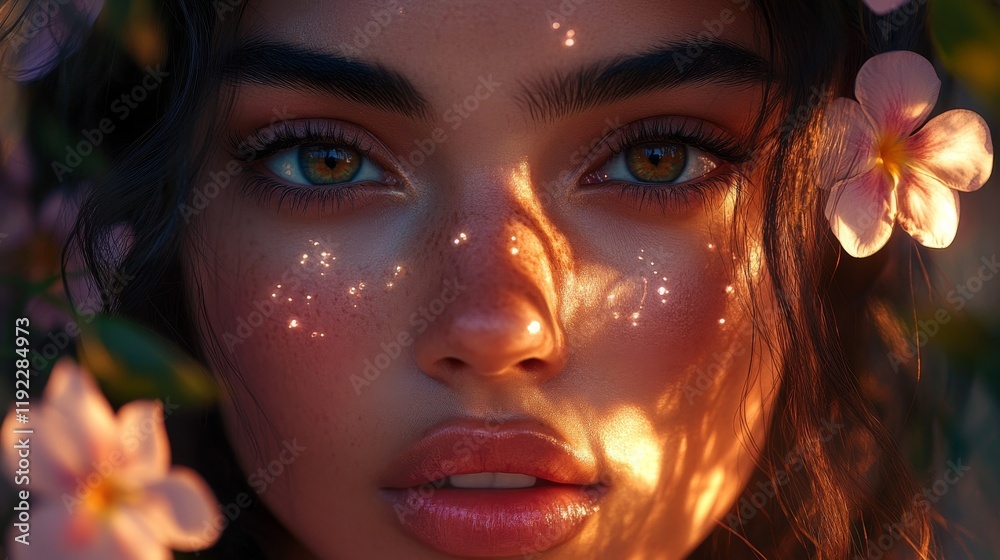Obraz premium Golden Hour Beauty Woman Flowers Face Closeup