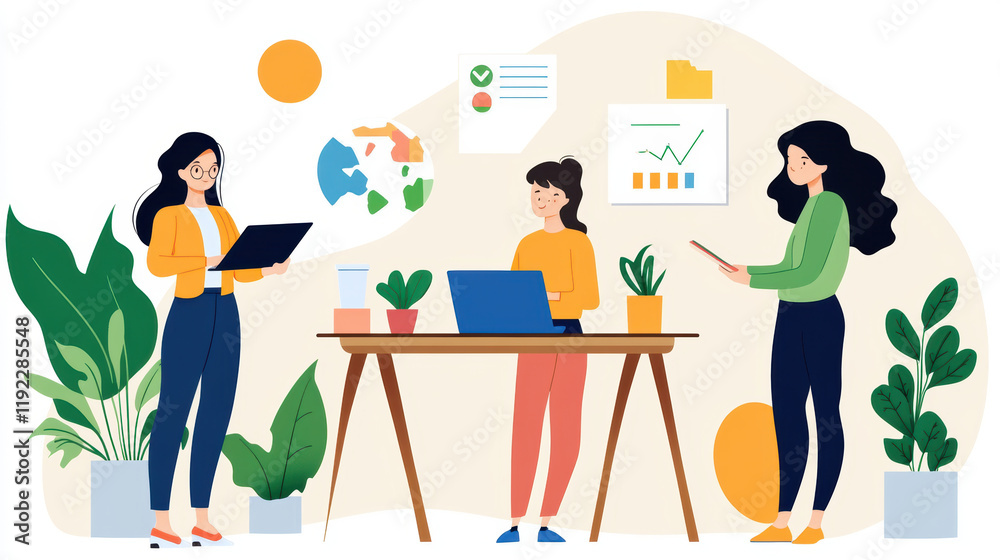 team of professionals collaborating on economic policies using digital tools, surrounded by plants and charts in modern office setting team of professionals collaborating on economic policies using digital tools, surrounded by plants and charts in modern office setting