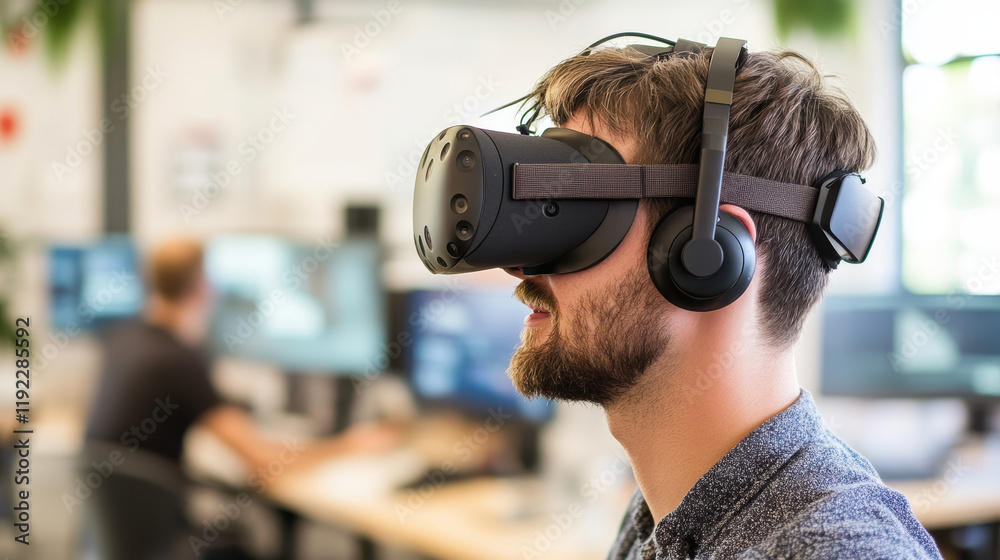 man wearing virtual reality headset and headphones explores digital environment in modern office setting, with blurred background showcasing workstations and technology man wearing virtual reality headset and headphones explores digital environment in modern office setting, with blurred background showcasing workstations and technology