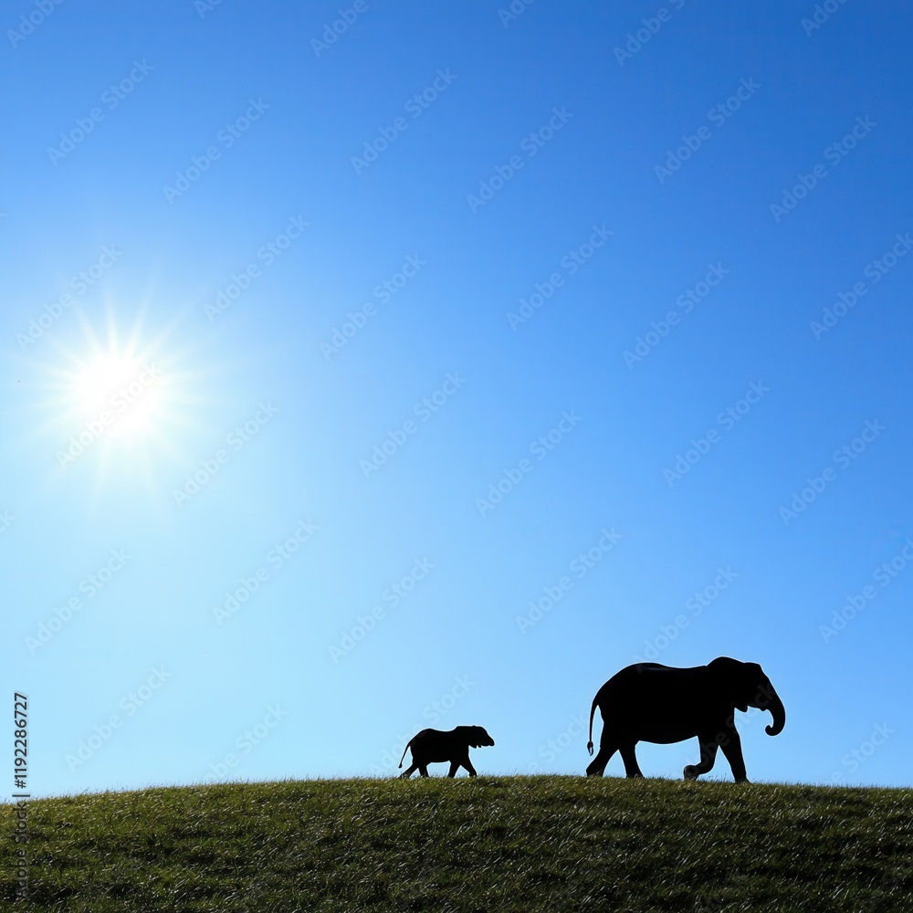 Mother elephant and calf walking under a bright sun natural landscape wildlife tranquil setting side view emotional bond Mother elephant and calf walking under a bright sun natural landscape wildlife tranquil setting side view emotional bond