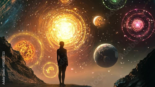 Cosmic Contemplation: A Solitary Figure Gazes Upon a Celestial Tapestry of Planets and Stars