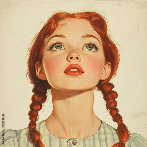 vintage illustration of young woman with red hair and pigtail braids