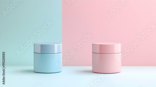 Minimalistic pastel-colored cosmetic jars with clean design on a soft dual-toned background for product branding and packaging. Generative AI photo