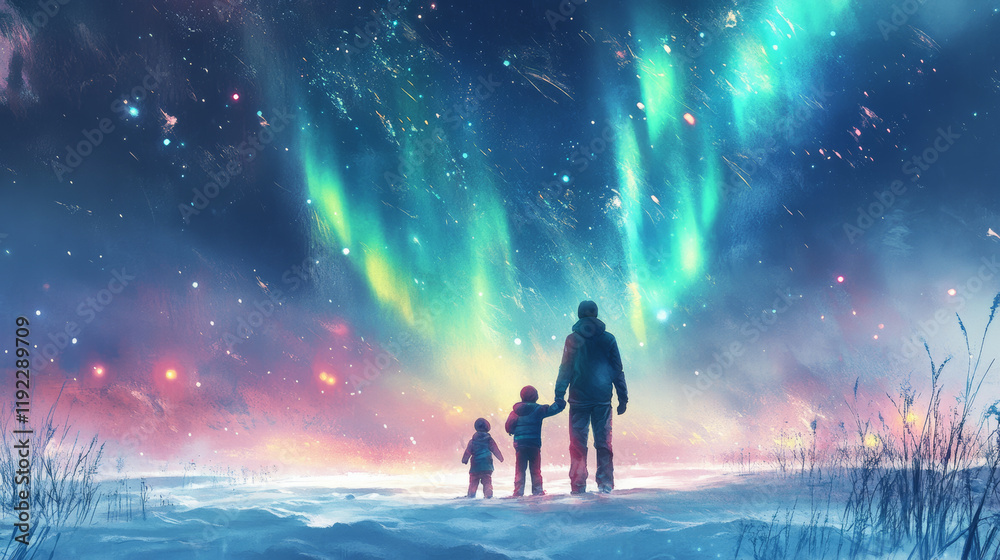 family stands together in awe, gazing at vibrant Northern Lights illuminating night sky. snowy landscape adds to magical atmosphere of this breathtaking moment