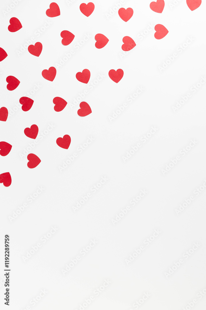 Top view of red hearts on white background. Valentine's day, red hearts, love wallpaper. Flat lay, copy space.