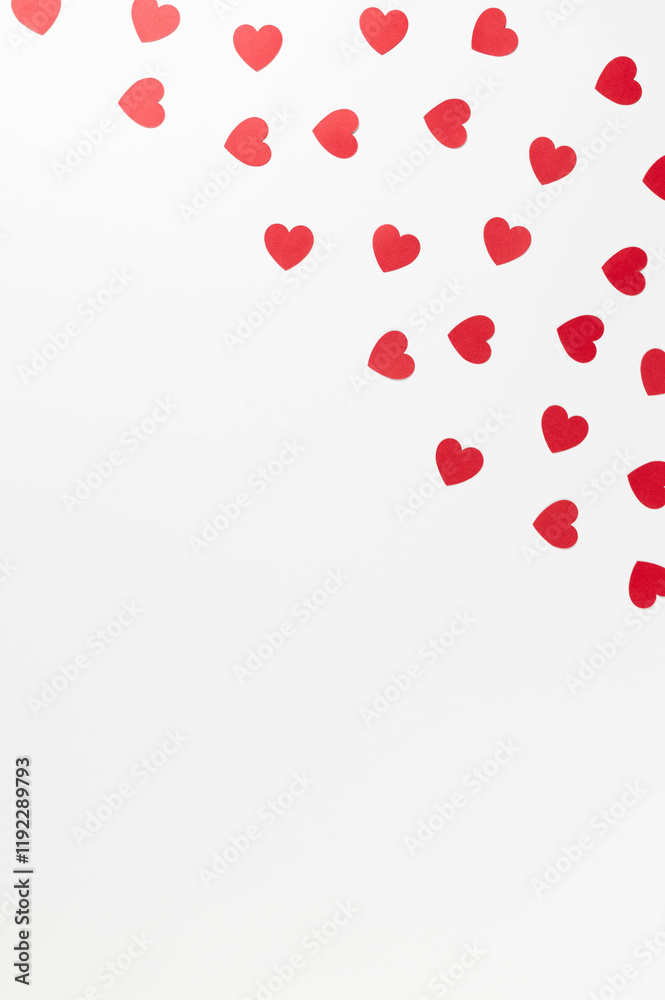 Top view of red hearts on white background. Valentine's day, red hearts, love wallpaper. Flat lay, copy space. Top view of red hearts on white background. Valentine's day, red hearts, love wallpaper. Flat lay, copy space.