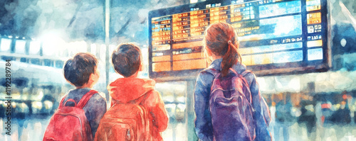 Obraz na płótnie Children looking at flight information board in airport, excited and curious about their journey ahead. vibrant atmosphere captures anticipation of travel w salonie