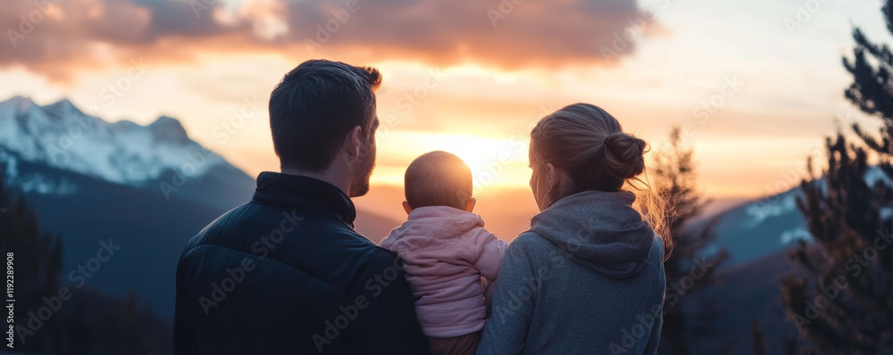 Parents holding their baby close, gazing at beautiful sunset over mountains, creating warm family moment filled with love and connection