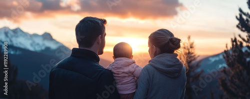 Obraz na płótnie Parents holding their baby close, gazing at beautiful sunset over mountains, creating warm family moment filled with love and connection w salonie