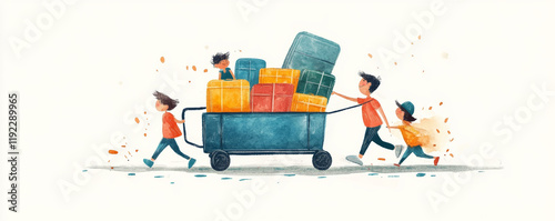 Obraz na płótnie Children pulling luggage cart filled with colorful suitcases, showcasing excitement and adventure. scene captures joyful moment of travel and exploration w salonie