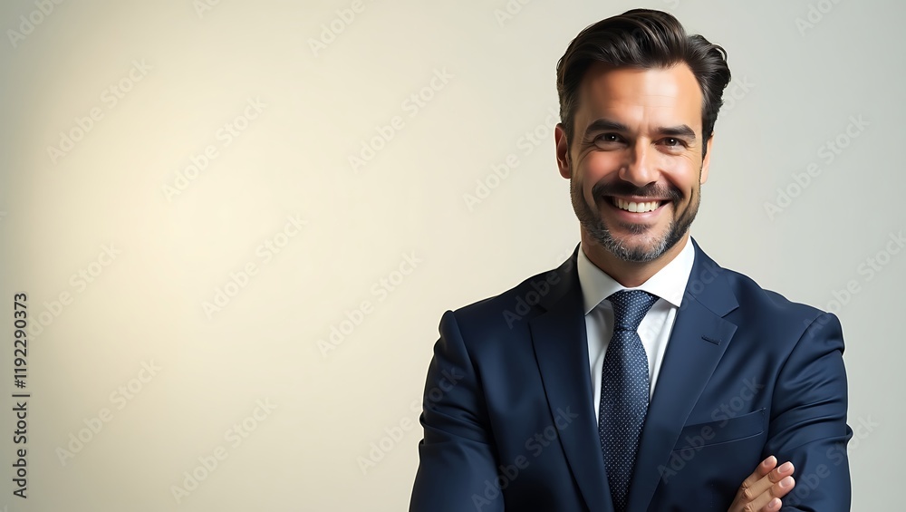 Confident Businessman in Suit, Studio Portrait with Neutral Background Confident Businessman in Suit, Studio Portrait with Neutral Background