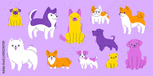 Cartoon breeds dogs set. Vector colorful puppies collection. Funny dogs bundle.