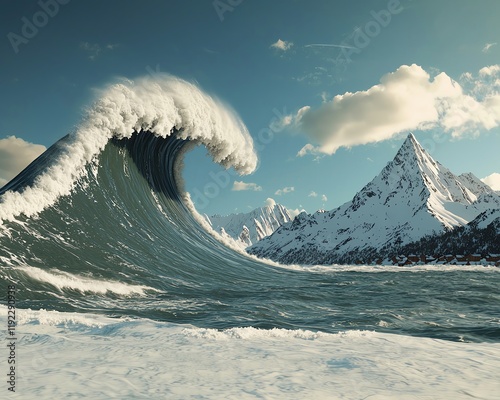 Tsunami warning ocean showing a calm ocean transitioning to chaos with a towering wave cresting in the distance photo